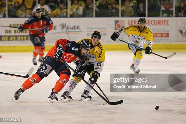 Brian Henderson of Angers and Fabien Colotti of Rouen during the Ice hockey Ligue Magnus Final, second game, between Les Ducs d'Angers v Les Dragons...
