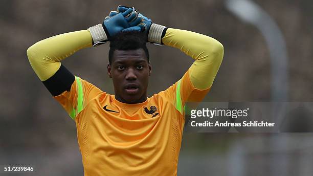Loic Badiashile of France during the friendly match between U18 Germany and U18 France at Saar-Mosel-Stadium on March 24, 2016 in Konz, Germany.