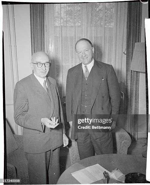 West German Finance Minister Fritz Schaeffer and British Chancellor of the Exchequer Richard A. Butler during their meeting at the Bonn...