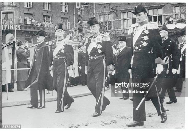 Copenhagen, Denmark: At Funeral Of Denmark's King. Two kings and two Princes march abreast at the funeral of King Christian X of Denmark, during the...