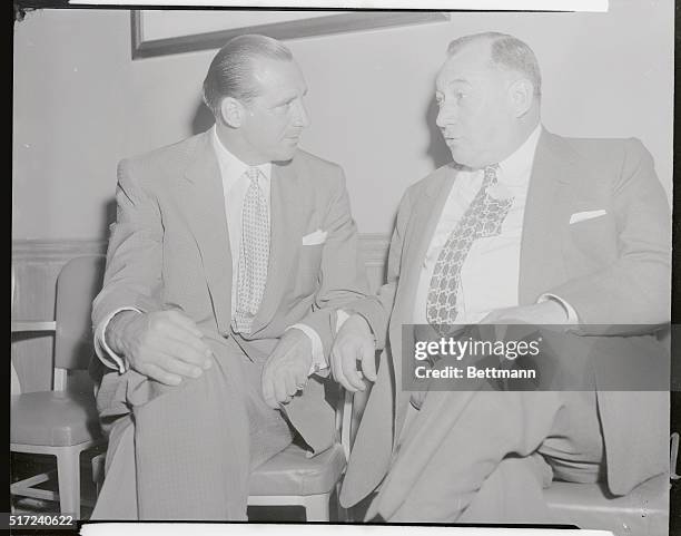 Hank Greenberg, , General Manager of the Cleveland Indians, discusses his plan for inter league games during the regular Major League season with...