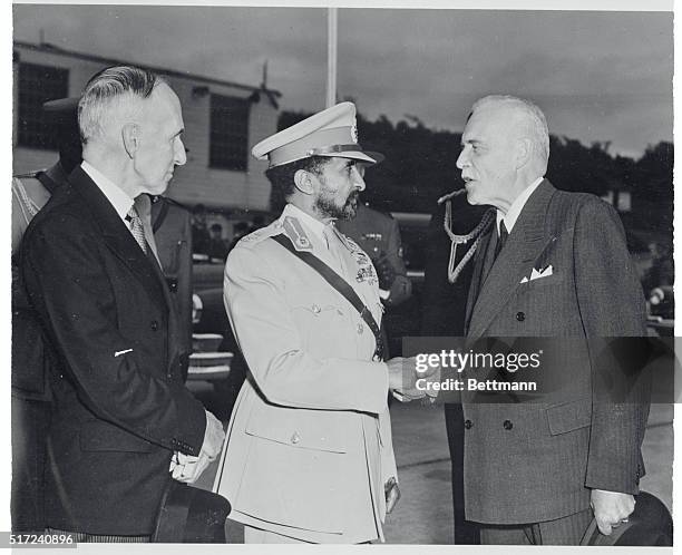 Selassie Arrives in Canada. Ottawa, Canada: Emperor Haile Selassie I, of Ethiopia, is welcomed on his arrival at Ottawa's Rockcliffe Airport by...