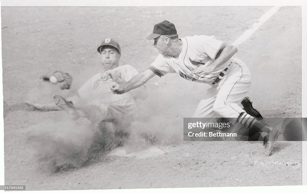 Duke Snider Knocking the Ball Away From Royce Lint