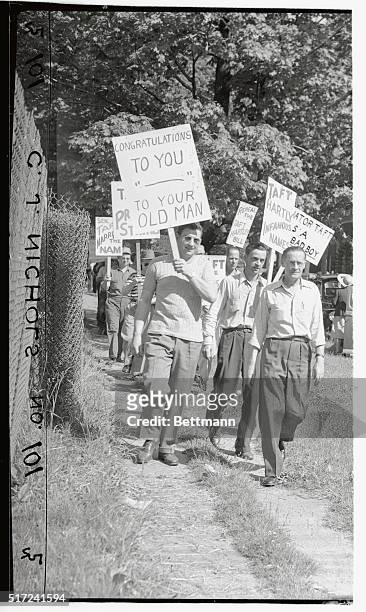 This photo shows picketing in the vicinity of Senator Taft's sons wedding in protest of the Taft-Hartley Bill.