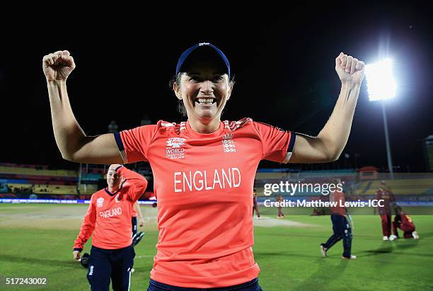 Charlotte Edwards, Captain of England celebrates her sides win against the West Indies during the Women's ICC World Twenty20 India 2016 match between...