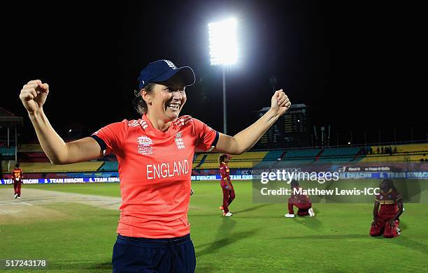 Charlotte Edwards, Captain of England celebrates her sides win against the West Indies during the Women's ICC World Twenty20 India 2016 match between...