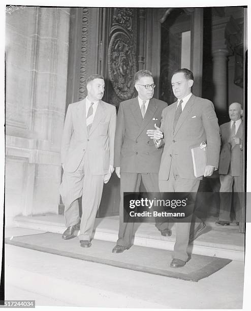 Three French cabinet ministers leave the Quai D'Orsey in Paris after resigning their posts in protest to the rejection of the European Defense...