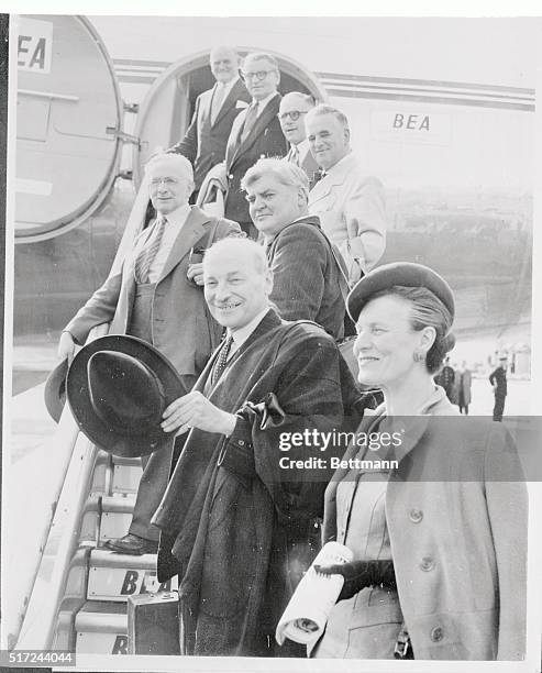 Former Labor Party Prime Minister Clement R. Atlee leads a delegation of British Labor Party leaders on a goodwill flight to China via stopovers in...