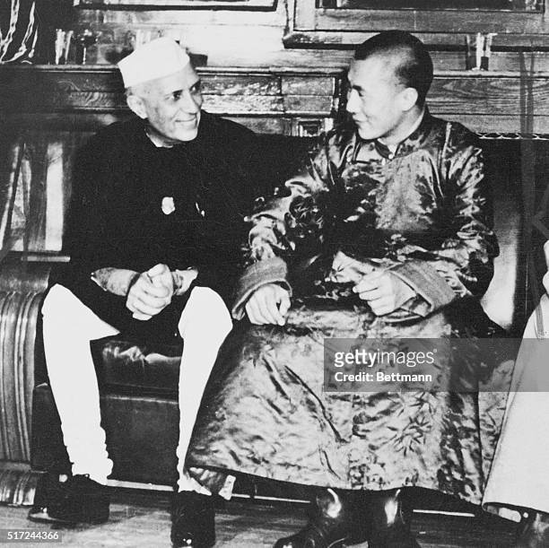 Tenzin Gyatso, the 14th Dalai Lama, meets with Indian Prime Minister Jawararlal Nehru in the Chinese capital, Beijing, in 1954. A few years later the...