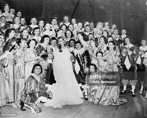 New York born soprano Maria Meneghini-Callas bids goodbye to the applauding cast of Lucia Di Lammermoor after the final curtain call of her...