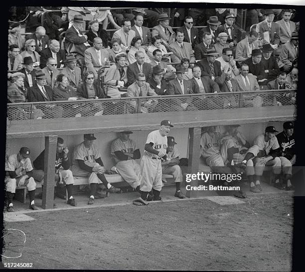 Manager Casey Stengel, losing two games in the World Series and en route to dropping the third straight, October 2nd at Ebbets Field, is shown as he...