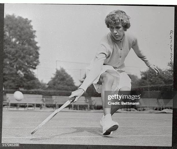 Miss Doris Hart of the US team, in practice at Wimbledon for the Wightman Cup matches which start tomorrow.