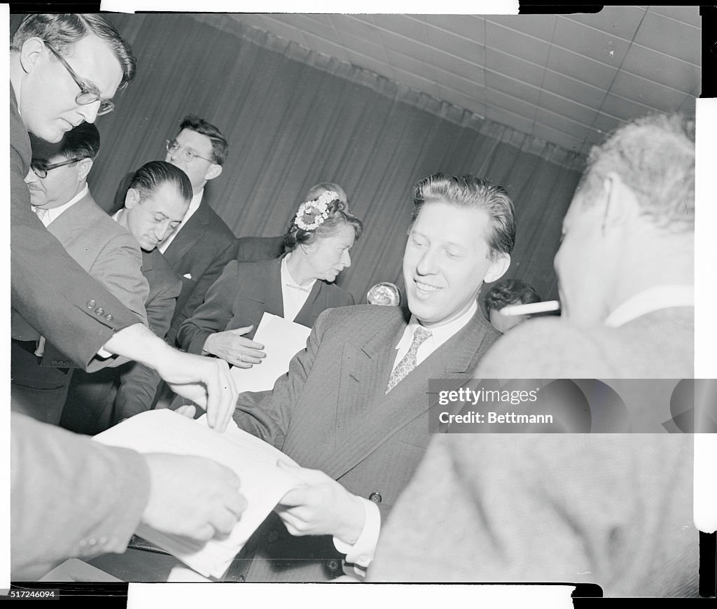 Leonid Zamyatin Handing Out Statements