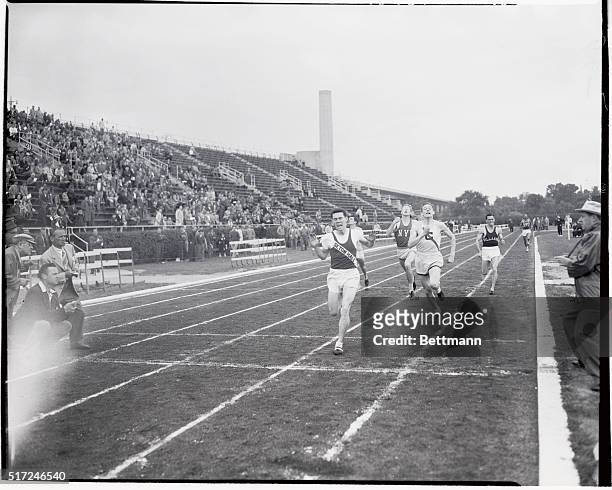 Frank Fox of Seton Hall is shown winning the IC4A 440-Yard race in annual outdoor track and field competitions staged in Randall's Island Stadium...