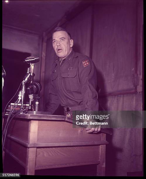 Seoul, South Korea: Army General James A. Van Fleet holds a press conference at Seoul Press Billet after receiving word that he is being replaced by...