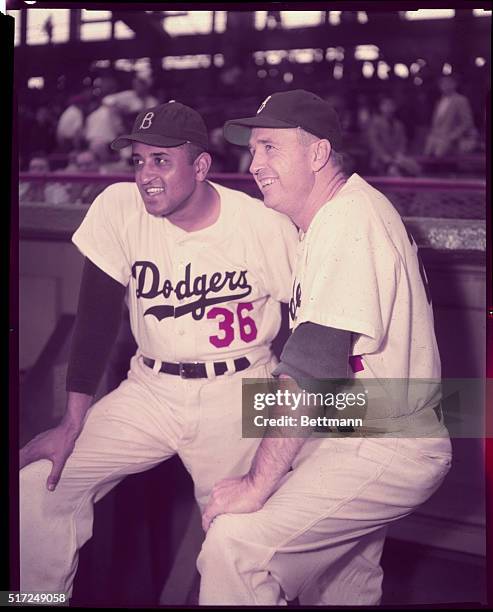 Walt Alston, Manager of Dodgers, H. L. With Don Newcombe 1956. SEE NOTE