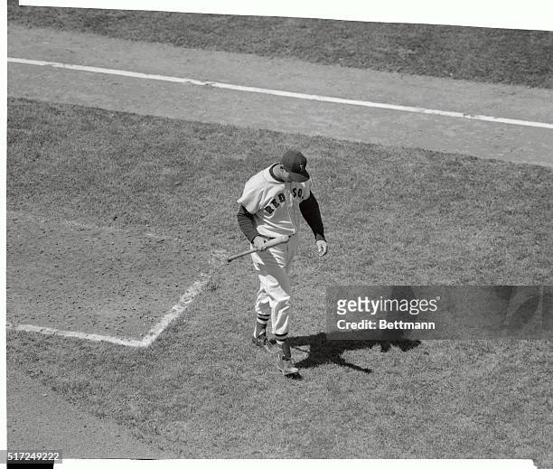 Red Sox outfielder Ted Williams walks head down with bat in hand, back to dugout after striking out in the first inning of the Red Sox-Tigers game at...