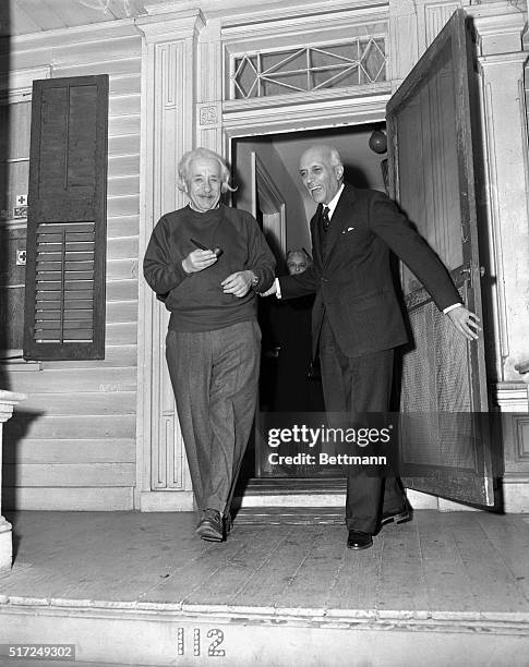 Prime Minister of India Jawarhalal Nehru, on a trip to the United States, is shown while paying a visit to Albert Einstein at his home at Princeton...