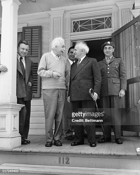 Israeli Prime Minister David Ben-Gurion stopped off to visit Professor Albert Einstein at his home in Princeton, New Jersey, today, on his first leg...