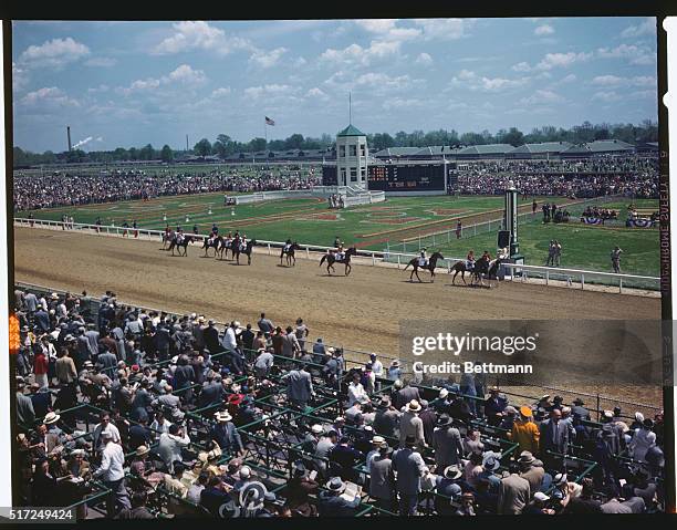 Churchill Downs on Kentucky Derby Day showing large crowds and various views of the track.