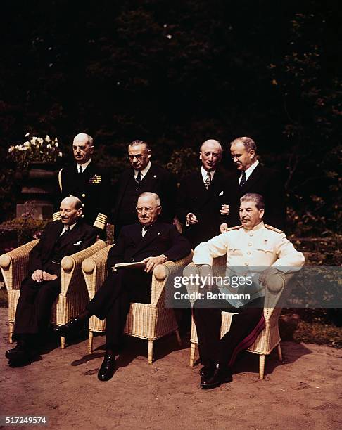 Peace Conferences. Potsdam, Germany: Scene in the Palace Garden at Potsdam as the Big Three posed for photographers just before the final conference...