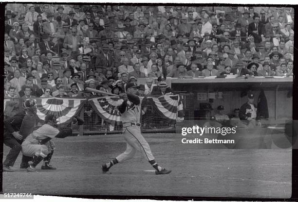 Eddie Mathews of the Milwaukee Braves batting during the 3rd game of the 1957 World Series against the NY Yankees.