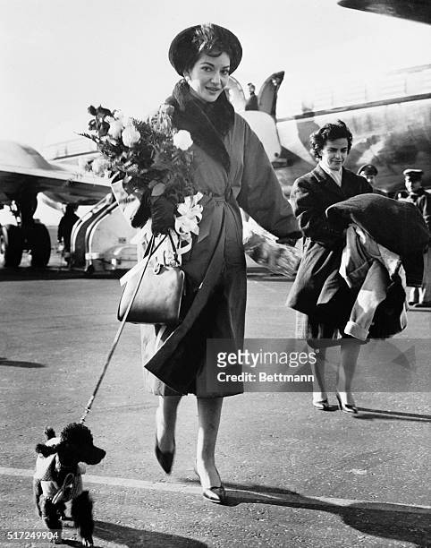 Soprano Maria Callas leaves the field at Idlewild Airport after her arrival from Europe. With her is her pet dog, "Toy." Miss Callas, who made a...