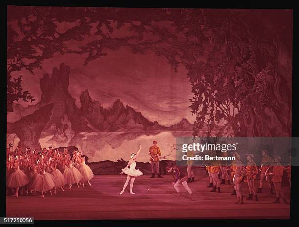 Margot Fonteyn and Michael Somes with the corps de ballet of the Royal Ballet in Swan Lake one of three ballets in the film The Royal Ballet. The...