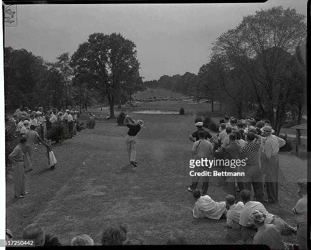 Slamming Sammy Snead , of White Sulpher Springs, West Virginia, tees off on the fifth hole as the first round of the $15,000 Celebrities Tournament...