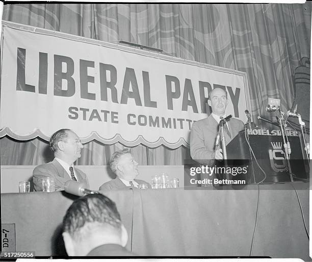 New York: Stevenson Gets Liberal Party Nomination. Gov. Adlai Stevenson of Illinois, the Democratic Presidential candidate speaks at the Liberal...