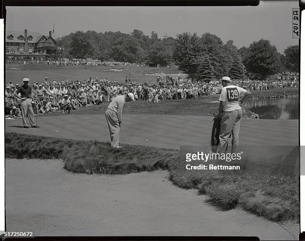 Ben Hogan chips onto the fourth green from the edge of the sand trap during the second round of the United States Open Golf Championship at Baltusrol...
