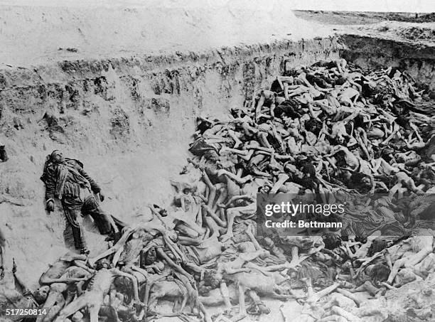 The bodies of hundreds of slave laborers of all nationalities were found here in conditions almost unrecognizable as human. These pitiful remains...