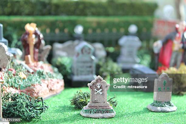 image of model halloween town / village, miniature houses, people, fall-autumn - small coffin stock pictures, royalty-free photos & images