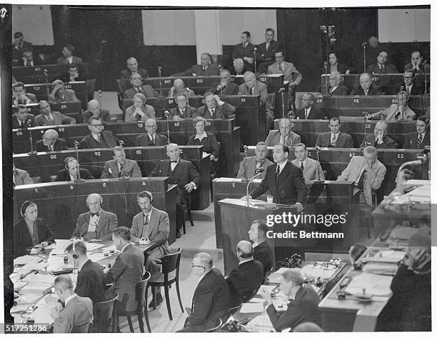 French Premiere Pierre Mendes-France speaks from the rostrum of European Council in Strasbourg. He gives the reasons of French reject of the E.D.C....