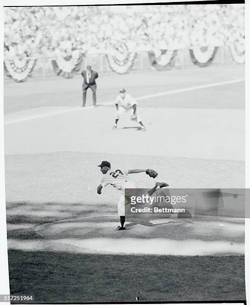 New York, New York: Yankee southpaw Tommy Byrne files one at the Dodgers in the sixth inning of the second game of the World Series at Yankee...