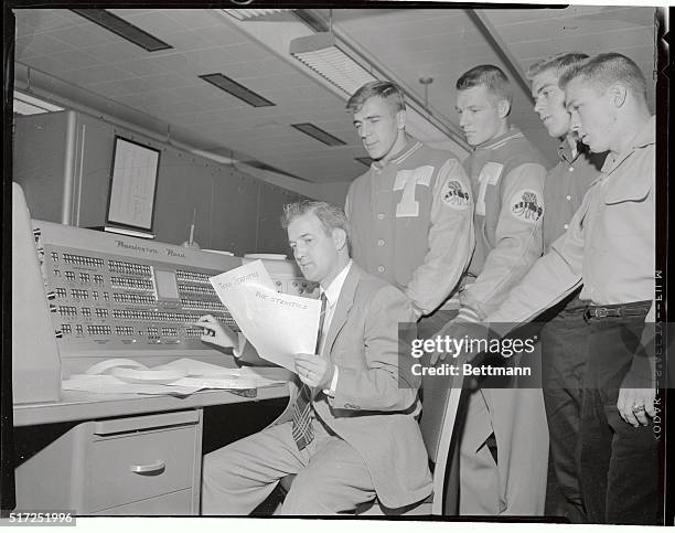 Georgia Tech football players visit school's new electronic computer, ERA 1101, to try to get prediction of their forthcoming game with Pittsburgh in...