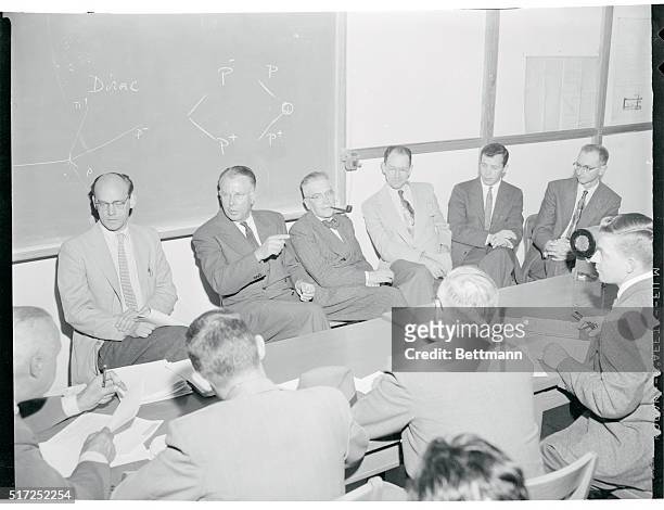 Capture "Nucleur Ghost" Berkeley, Calif.: Nobel Prize winning physicist Dr. Ernest O. Lawrence tells a press conference here that atomic researchers...