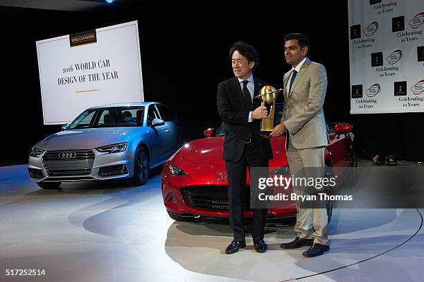 President of Mazda North American Operations Masahiro Moro accepts the 2016 World Car Award for Design of the Year at the New York International Auto...