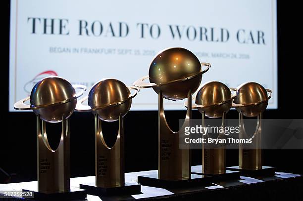 The 2016 World Car Awards are displayed before being awarded at the New York International Auto Show at the Javits Center on March 24, 2016 in New...