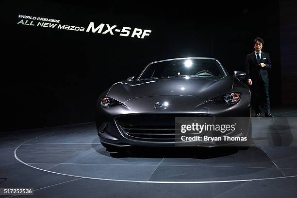 President of Mazda North American Operations Masahiro Moro introduces the world premiere of the Mazda MX-5 RF at the New York International Auto Show...