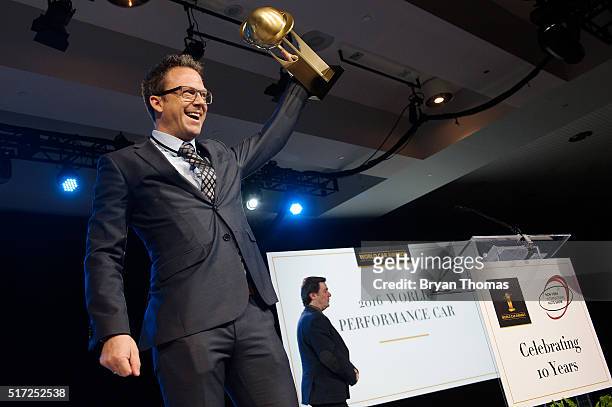 Representative for Audi accepts the 2016 World Car Award for Performance Car at the New York International Auto Show at the Javits Center on March...