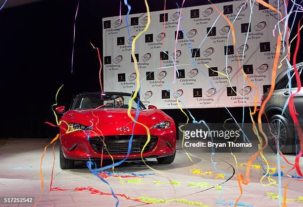 The 2016 Mazda MX-5 is awarded the 2016 World Car Award for Car of the Year at the New York International Auto Show at the Javits Center on March 24,...