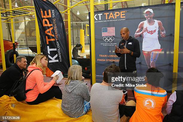 Three-time Olympian and Silver Medalist Meb Keflezighi speals to the media during a KT Tape Press Event during a Press Event at Chelsea Piers on...