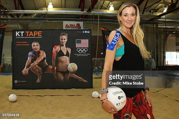 Volleyball Three-time Olympic Gold Medalist Kerri Walsh Jennings poses for a photo during a KT Tape Press Event at Chelsea Piers on March 22, 2016 in...