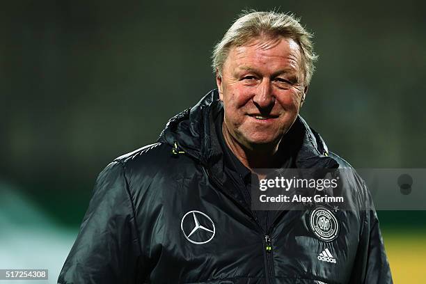 Head coach Horst Hrubesch of Germany looks on prior to the 2017 UEFA European U21 Championships qualifier match between Germany U21 and Faroe Islands...