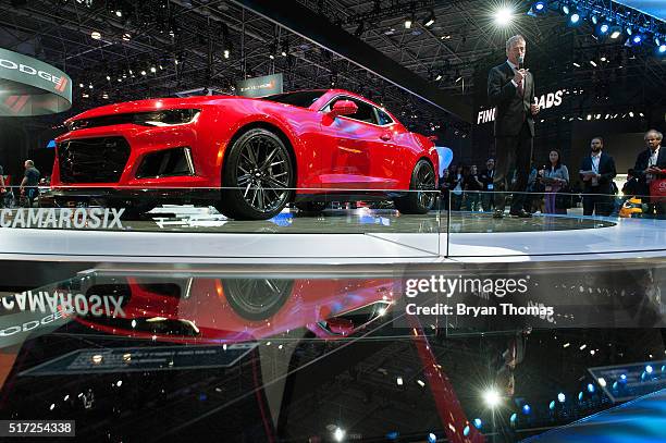 The 2017 Chevrolet Camaro ZL1 is displayed at the New York International Auto Show at the Javits Center on March 24, 2016 in New York City. The car,...