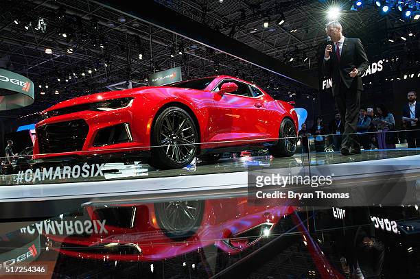The 2017 Chevrolet Camaro ZL1 is displayed at the New York International Auto Show at the Javits Center on March 24, 2016 in New York City. The car,...