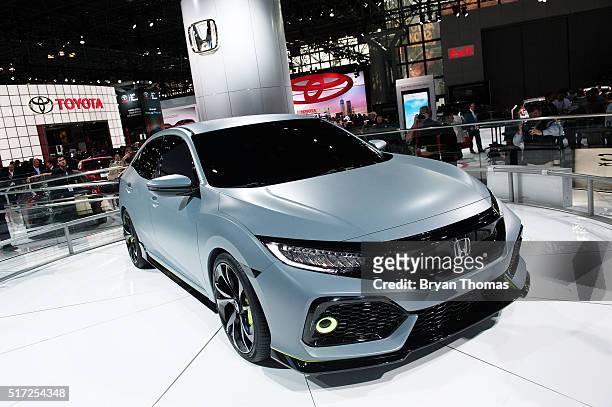 Prototype of the Honda Civic Hatchback is displayed at the New York International Auto Show at the Javits Center on March 24, 2016 in New York City....