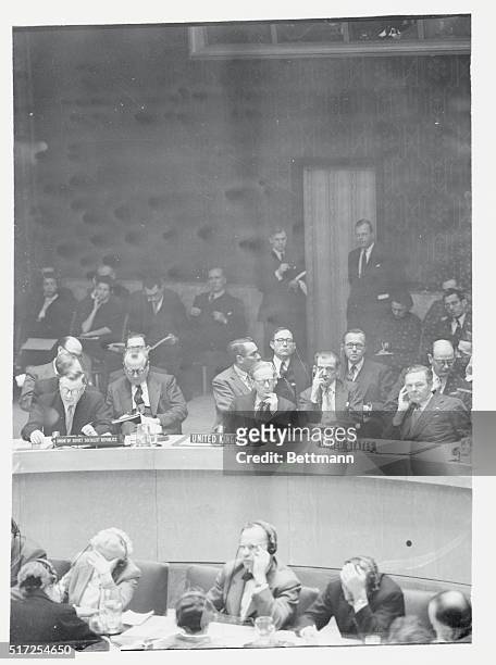 Soviet delegate to the United Nations Arkady A. Sobolev, , reads his speech to the UN Security Council, demanding that the council vote separately on...