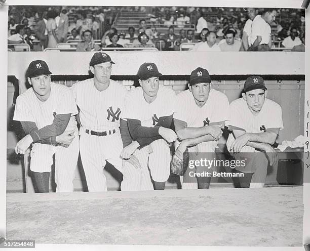 Five members of the New York Yankee Ball Team voted onto the American League team for the annual All-Star game are pictured at the Yankee dugout...